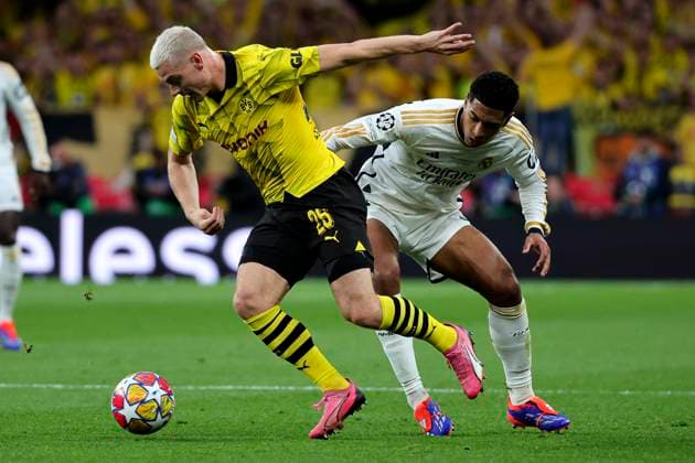 Julian Ryerson of Borussia Dortmund and Jude Bellingham of Real Madrid CF during the 2023 2024 Champions League Final football match between Borussia Dortmund and Real Madri CF at Wembley stadium in London (England), June 1st, 2024. cesarexpurini