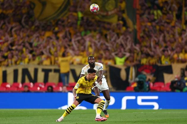 1st June 2024; Wembley Stadium, London, England; UEFA Champions League Football Final, Borussia Dortmund versus Real Madrid; Antonio Rudiger of Real Madrid competes for the ball with Jadon Sancho of Borussia Dortmund  ActionPlus12649858 ShaunxBrooks