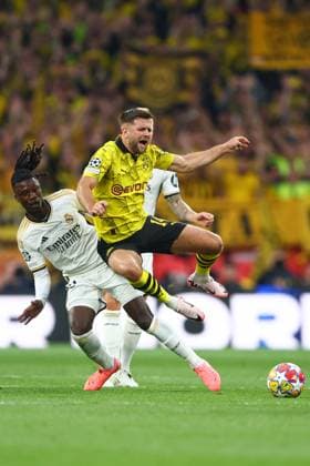 Eduardo Camavinga of Real Madrid battles with Niclas Füllkrug of Borussia Dortmund Borussia Dortmund v Real Madrid, UEFA Champions League, Final, Football, Wembley Stadium, London, UK - 01 June 2024 EDITORIAL USE ONLY No use with unauthorised audio, video, data, fixture lists, club league logos or live services. Online in-match use limited to 120 images, no video emulation. No use in betting, games or single club league player publications.  Copyright: xKieranxMcManus Shutterstockx 14516313bj