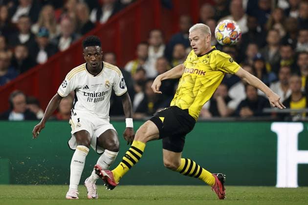 LONDON - (l-r) Vinicius Junior of Real Madrid, Julian Ryerson of Borussia Dortmund during the UEFA Champions League Final between Borussia Dortmund and Real Madrid at Wembley Stadium on June 1, 2024 in London, United Kingdom. ANP Hollandse Hoogte MAURICE VAN STEEN UEFA Champions League 2023 24 FINAL 2024 xVIxANPxSportx xVanxSteenxFotografiexIVx 500101507 originalFilename: 500101507.jpg