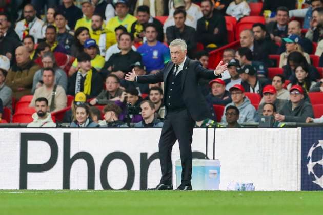 Borussia Dortmund v Real Madrid Real Madrid Manager Carlo Ancelotti gestures during the Borussia Dortmund v Real Madrid UEFA Champions League Final at Wembley Stadium, London, England, United Kingdom on 1 June 2024 Editorial use only. All images are copyright Every Second Media Limited. No images may be reproduced without prior permission. Copyright: xIMAGO EveryxSecondxMediax ESM-1027-0074