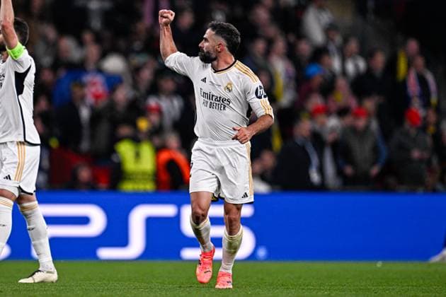 2024-06-01 Borussia Dortmund v Real Madrid CF - UEFA Champions League Final 2023 24 LONDON, UNITED KINGDOM - JUNE 1: Dani Carvajal of Real Madrid CF celebrates after scoring the first goal during the UEFA Champions League Final 2023 24 match between Borussia Dortmund and Real Madrid CF at Wembley Stadium on June 1, 2024 in London, United Kingdom. (Photo by Pablo Morano BSR Agency) London United Kingdom Content not available for redistribution in The Netherlands directly or indirectly through any third parties. Copyright: xBSRxAgencyx