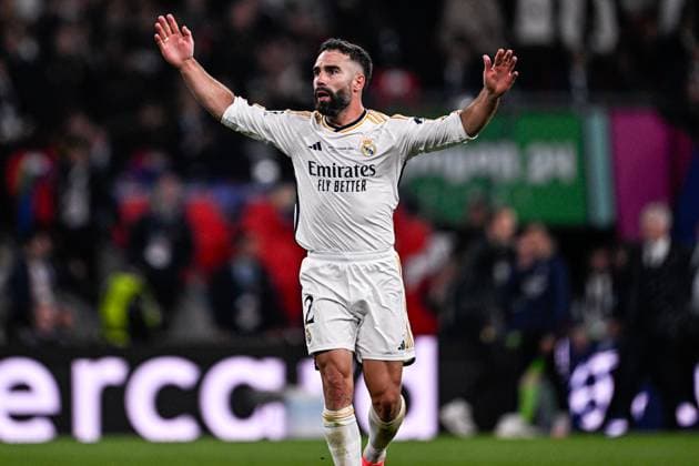 2024-06-01 Borussia Dortmund v Real Madrid CF - UEFA Champions League Final 2023 24 LONDON, UNITED KINGDOM - JUNE 1: Dani Carvajal of Real Madrid CF celebrates after scoring the first goal during the UEFA Champions League Final 2023 24 match between Borussia Dortmund and Real Madrid CF at Wembley Stadium on June 1, 2024 in London, United Kingdom. (Photo by Pablo Morano BSR Agency) London United Kingdom Content not available for redistribution in The Netherlands directly or indirectly through any third parties. Copyright: xBSRxAgencyx