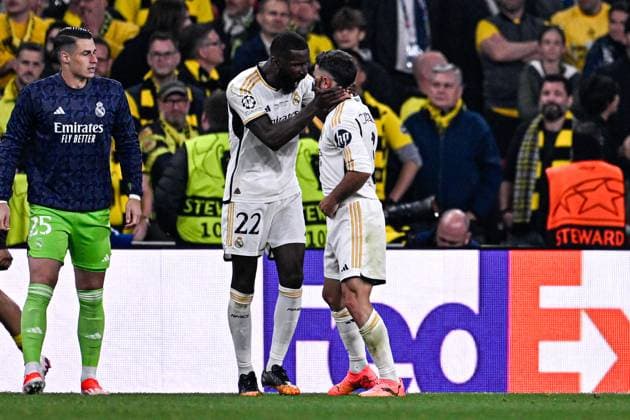 2024-06-01 Borussia Dortmund v Real Madrid CF - UEFA Champions League Final 2023 24 LONDON, UNITED KINGDOM - JUNE 1: Antonio Rudiger of Real Madrid CF, Dani Carvajal of Real Madrid CF celebrate the first goal during the UEFA Champions League Final 2023 24 match between Borussia Dortmund and Real Madrid CF at Wembley Stadium on June 1, 2024 in London, United Kingdom. (Photo by Pablo Morano BSR Agency) London United Kingdom Content not available for redistribution in The Netherlands directly or indirectly through any third parties. Copyright: xBSRxAgencyx