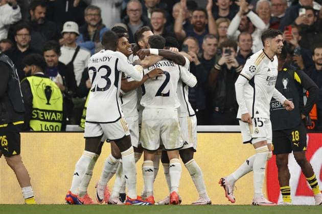 LONDON - (l-r) Ferland Mendy of Real Madrid, Rodrygo of Real Madrid, Daniel Carvajal of Real Madrid, Vinicius Junior of Real Madrid, Federico Valverde of Real Madrid celebrate the 0-1 during the UEFA Champions League Final between Borussia Dortmund and Real Madrid at Wembley Stadium on June 1, 2024 in London, United Kingdom. ANP Hollandse Hoogte MAURICE VAN STEEN UEFA Champions League 2023 24 FINAL 2024 xVIxANPxSportx xVanxSteenxFotografiexIVx 500102437 originalFilename: 500102437.jpg
