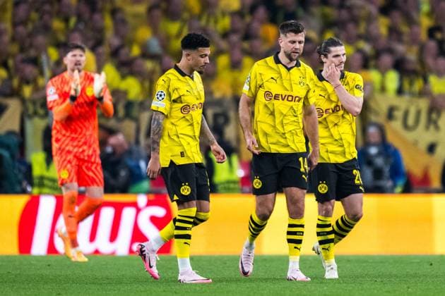 240601 Jadon Sancho, Niclas Fullkrug, and Marcel Sabitzer of Dortmund look dejected during the UEFA Champions League final between Dortmund and Real Madrid on June 1, 2024 in London Photo Petter Arvidson BILDBYRAN kod PA PA0818 fotboll football soccer fotball champions league final dortmund real madrid bbeng bbauto depp  Copyright: PETTERxARVIDSON BB240601PA182