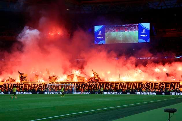Dortmund fans cheer on during the 2023 2024 Champions League Final football match between Borussia Dortmund and Real Madri CF at Wembley stadium in London (England), June 1st, 2024. cesarexpurini
