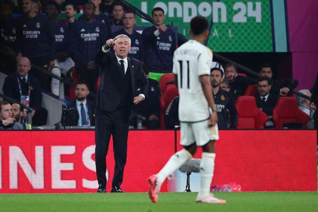 Carlo Ancelotti head coach of Real Madrid CF gestures during the 2023 2024 Champions League Final football match between Borussia Dortmund and Real Madri CF at Wembley stadium in London (England), June 1st, 2024. cesarexpurini
