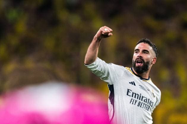 240601 Dani Carvajal of Real Madrid celebrates after scoring the 0-1 goal during the UEFA Champions League final between Dortmund and Real Madrid on June 1, 2024 in London Photo Petter Arvidson BILDBYRAN kod PA PA0818 fotboll football soccer fotball champions league final dortmund real madrid bbeng bbauto jubel  Copyright: PETTERxARVIDSON BB240601PA186