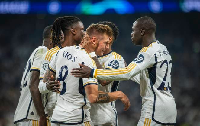 London, England 01st Jun 2024 Goal celebration Toni Kroos Real Ferland Mendy Real Borussia Dortmund Real Madrid Champions League Final 01 06 2024