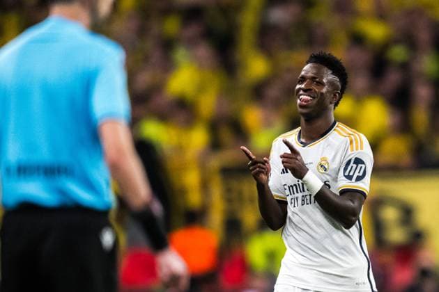 240601 Vinicius Junior of Real Madrid celebrates after scoring the 0 2 goal during the UEFA Champions League final between Dortmund and Real Madrid on June 1, 2024 in London Photo Petter Arvidson BILDBYRAN kod PA PA0818 fotboll football soccer fotball champions league final dortmund real madrid bbeng bbauto jubel  Copyright: PETTERxARVIDSON BB240601PA189