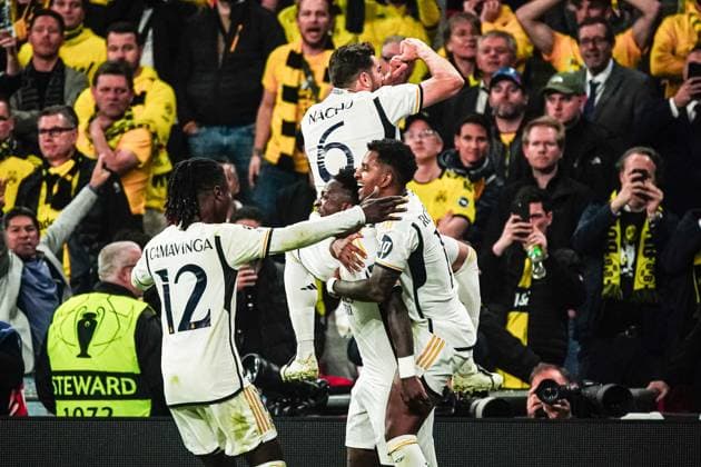 Goal celebration Real Madrid after scoring 0 2 Vinicius Junior Real Madrid, 07 ENG, Borussia Dortmund vs Real Madrid, Football, Champions League, Final, 2023 2024 season, 01 06 2024 ENG, Borussia Dortmund vs Real Madrid, Football, Champions League, Final, 2023 2024 season, 01 06 2024 London Copyright: xEibner-Pressefoto MarcelxvonxFehrnx EP_MFN