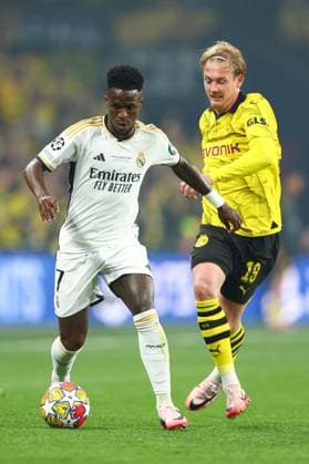 Vinicius Junior of Real Madrid under pressure from Julian Brandt of Borussia Dortmund Borussia Dortmund v Real Madrid, UEFA Champions League, Final, Football, Wembley Stadium, London, UK - 01 June 2024 EDITORIAL USE ONLY No use with unauthorised audio, video, data, fixture lists, club league logos or live services. Online in-match use limited to 120 images, no video emulation. No use in betting, games or single club league player publications. Copyright: xKieranxMcManus Shutterstockx 14516313br