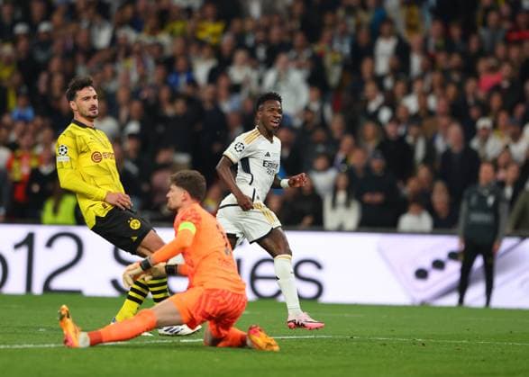 1st June 2024; Wembley Stadium, London, England; UEFA Champions League Football Final, Borussia Dortmund versus Real Madrid; Vinicius Junior of Real Madrid celebrates after scoring his sides 2nd goal in the 83rd minute to make it 0-2  ActionPlus12649870 JohnxPatrickxFletcher