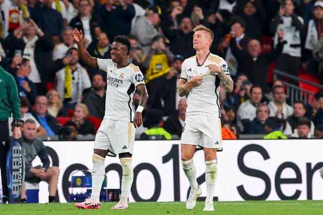 Vinicius Junior (Real Madrid) celebrates after scoring his teams second goal with Toni Kroos (Real Madrid), UEFA Champions League 2023 24 - Final, Borussia Dortmund vs Real Madrid CF, Wembley Stadium, June 1, 2024, London, United Kingdom.
