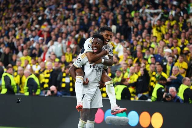 SOCCER - UEFA CL, Dortmund vs Madrid LONDON,ENGLAND,01.JUN.24 - SOCCER - UEFA Champions League, final, Borussia Dortmund vs Real Madrid CF. Image shows the rejoicing of Vinicius Junior (Madrid). Keywords: goal.  GEPAxpictures xMichaelxZemanek