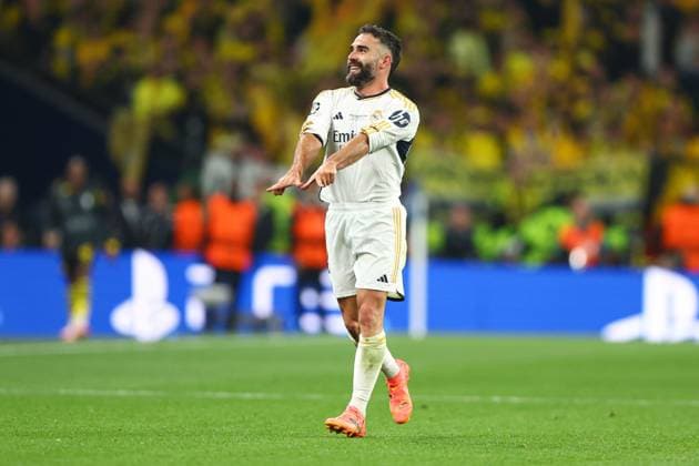 Daniel Carvajal of Real Madrid celebrates scoring a goal for their side to make it 1-0 Borussia Dortmund v Real Madrid, UEFA Champions League, Final, Football, Wembley Stadium, London, UK - 01 June 2024 EDITORIAL USE ONLY No use with unauthorised audio, video, data, fixture lists, club league logos or live services. Online in-match use limited to 120 images, no video emulation. No use in betting, games or single club league player publications. Copyright: xKieranxMcManus Shutterstockx 14516313bx