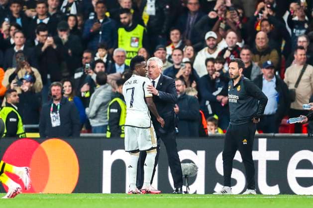 Borussia Dortmund v Real Madrid Real Madrid forward Vinicius Junior (7) scores a GOAL 0-2 and celebrates with Real Madrid Manager Carlo Ancelotti during the Borussia Dortmund v Real Madrid UEFA Champions League Final at Wembley Stadium, London, England, United Kingdom on 1 June 2024 Editorial use only. All images are copyright Every Second Media Limited. No images may be reproduced without prior permission. Copyright: xIMAGO EveryxSecondxMediax ESM-1027-0103