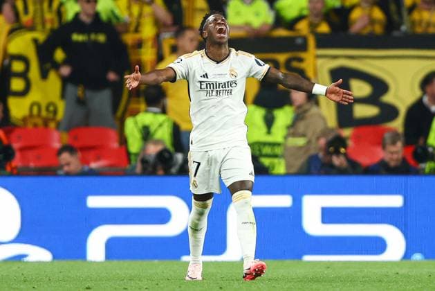 Vinicius Junior of Real Madrid celebrates scoring a goal for their side to make it 2-0 Borussia Dortmund v Real Madrid, UEFA Champions League, Final, Football, Wembley Stadium, London, UK - 01 June 2024 EDITORIAL USE ONLY No use with unauthorised audio, video, data, fixture lists, club league logos or live services. Online in-match use limited to 120 images, no video emulation. No use in betting, games or single club league player publications. Copyright: xKieranxMcManus Shutterstockx 14516313cl