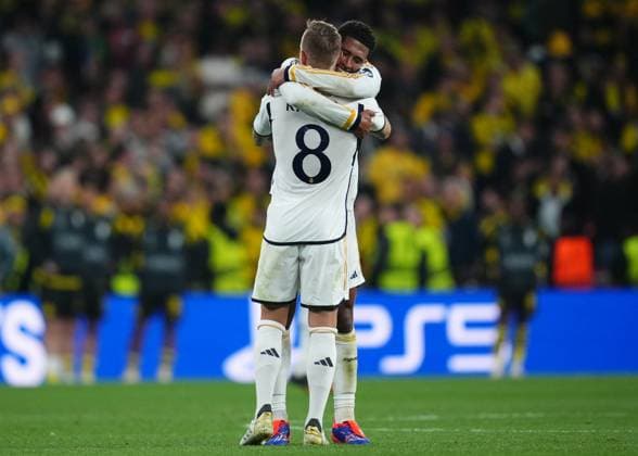 ENG: Borussia Dortmund v Real Madrid. UEFA Champions League 2023-2024. Final Jude Bellingham and Toni Kroos of Real Madrid during the UEFA Champions League Final match between Borussia Dortmund and Real Madrid played at Wembley Stadium on June 1, 2024 in London, England. kpng Copyright: xBaguxBlancox xPRESSINPHOTOx PS_240601_080
