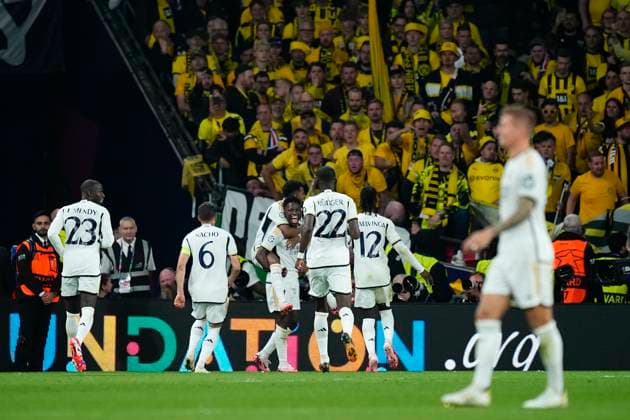 Borussia Dortmund v Real Madrid CF - UEFA Champions League Final 2023 24 Vinicius Junior left winger of Real Madrid and Brazil celebrates after scoring his team s second goal during the UEFA Champions League 2023 24 final match between Borussia Dortmund v Real Madrid CF at Wembley Stadium on June 1, 2024 in London, England. London England United Kingdom  Copyright: xJosexBretonx originalFilename:breton-borussia240601_np7qZ.jpg
