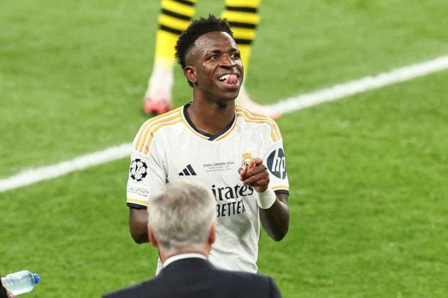 Vinicius Junior of Real Madrid celebrates scoring a goal for their side to make it 2-0 Borussia Dortmund v Real Madrid, UEFA Champions League, Final, Football, Wembley Stadium, London, UK - 01 June 2024 EDITORIAL USE ONLY No use with unauthorised audio, video, data, fixture lists, club league logos or live services. Online in-match use limited to 120 images, no video emulation. No use in betting, games or single club league player publications.  Copyright: xPaulxCurrie Shutterstockx 14516316ej