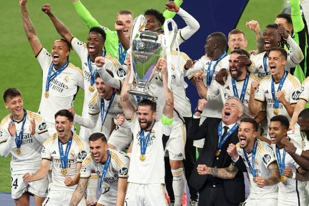 Real Madrid lift the Champions League trophy Borussia Dortmund v Real Madrid, UEFA Champions League, Final, Football, Wembley Stadium, London, UK - 01 June 2024 EDITORIAL USE ONLY No use with unauthorised audio, video, data, fixture lists, club league logos or live services. Online in-match use limited to 120 images, no video emulation. No use in betting, games or single club league player publications.  Copyright: xPaulxCurrie Shutterstockx 14516316eu