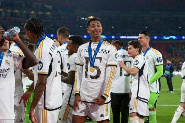 Borussia Dortmund v Real Madrid Real Madrid midfielder Jude Bellingham (5) celebrates after winning during the Borussia Dortmund v Real Madrid UEFA Champions League Final at Wembley Stadium, London, England, United Kingdom on 1 June 2024 Editorial use only. All images are copyright Every Second Media Limited. No images may be reproduced without prior permission. Copyright: xIMAGO EveryxSecondxMediax ESM-1027-0143