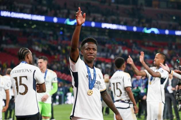 Borussia Dortmund v Real Madrid Real Madrid forward Vinicius Junior (7) celebrates after winning during the Borussia Dortmund v Real Madrid UEFA Champions League Final at Wembley Stadium, London, England, United Kingdom on 1 June 2024 Editorial use only. All images are copyright Every Second Media Limited. No images may be reproduced without prior permission. Copyright: xIMAGO EveryxSecondxMediax ESM-1027-0145