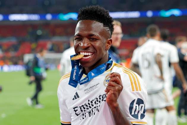 UEFA Champions League Final 2024 Borussia Dortmund Real Madrid London, England 20240601 Real Madrids Vinicius Junior after winning the Champions League Final against Borussia Dortmund at Wembley Stadium Photo Svein Ove Ekornesvag NTB London England EDITORIAL USE ONLY RESTRICTED USE FOR BETTING COMPANIES  Copyright: xSveinxOvexEkornesvagx xNTBx
