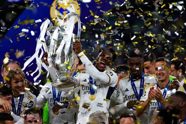 Borussia Dortmund v Real Madrid Champions League 01 06 2024. Final Aurelien Tchouameni (18) of Real Madrid celebrates with the trophy during the Champions League Final match between Borussia Dortmund and Real Madrid at Wembley Stadium, London, England on 1 June 2024. Editorial use only , Copyright: xNigelxKeenex PSI-19804-0075