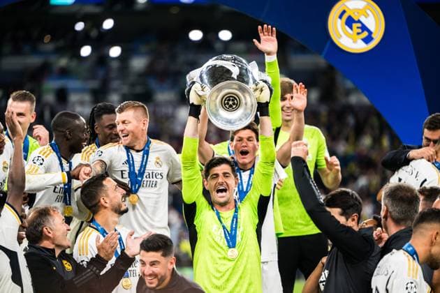240601 Thibaut Courtois of Real Madrid celebrates after during the UEFA Champions League final between Dortmund and Real Madrid on June 1, 2024 in London Photo Petter Arvidson BILDBYRAN kod PA PA0818 fotboll football soccer fotball champions league final dortmund real madrid bbeng bbauto jubel  Copyright: PETTERxARVIDSON BB240601PA229