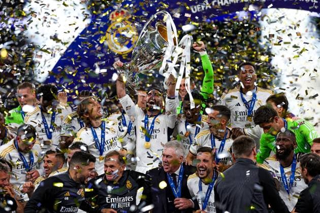 Borussia Dortmund v Real Madrid Champions League 01 06 2024. Final Real Madrid celebrate winning the Champions League during the Champions League Final match between Borussia Dortmund and Real Madrid at Wembley Stadium, London, England on 1 June 2024. Editorial use only , Copyright: xNigelxKeenex PSI-19804-0079
