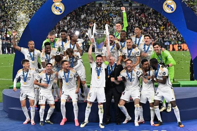 20240601 Champions League Final Dortmund vs Real Madrid players of Real Madrid celebrate after winning a soccer game between German Borussia Dortmund and Spanish Real Madrid CF in the UEFA Champions League Final of the 2023-24 season, on Saturday 1 June 2024 in London , United Kingdom . PHOTO SPORTPIX David Catry London Wembley Stadium United Kingdom  Copyright: xSportpix.bex xDavidxCatryxDavidxCatryx