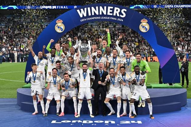 20240601 Champions League Final Dortmund vs Real Madrid players of Real Madrid celebrate after winning a soccer game between German Borussia Dortmund and Spanish Real Madrid CF in the UEFA Champions League Final of the 2023-24 season, on Saturday 1 June 2024 in London , United Kingdom . PHOTO SPORTPIX David Catry London Wembley Stadium United Kingdom  Copyright: xSportpix.bex xDavidxCatryxDavidxCatryx