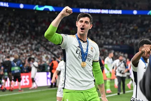 20240601 Champions League Final Dortmund vs Real Madrid goalkeeper Thibaut Courtois (1) of Real Madrid celebrates after winning a soccer game between German Borussia Dortmund and Spanish Real Madrid CF in the UEFA Champions League Final of the 2023-24 season, on Saturday 1 June 2024 in London , United Kingdom . PHOTO SPORTPIX David Catry London Wembley Stadium United Kingdom  Copyright: xSportpix.bex xDavidxCatryxDavidxCatryx