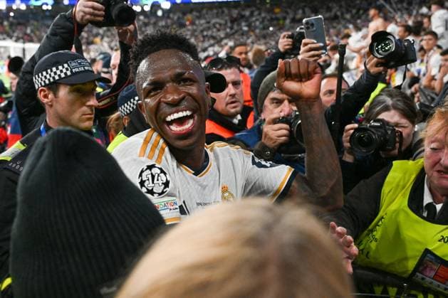20240601 Champions League Final Dortmund vs Real Madrid Vinicius Junior (7) of Real Madrid celebrates after winning a soccer game between German Borussia Dortmund and Spanish Real Madrid CF in the UEFA Champions League Final of the 2023-24 season, on Saturday 1 June 2024 in London , United Kingdom . PHOTO SPORTPIX David Catry London Wembley Stadium United Kingdom  Copyright: xSportpix.bex xDavidxCatryxDavidxCatryx