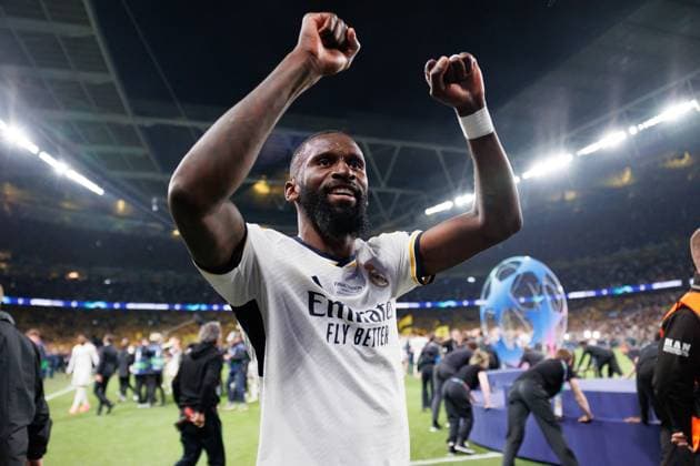 Antonio Rudiger celebrates during Champions League 2024 final game between Borussia Dortmund and Real Madrid at Wembley Stadium, London, United Kingdom (Maciej Rogowski) London Wembley Stadium United Kingdom Copyright: xMaciejxRogowskix final31052024-17