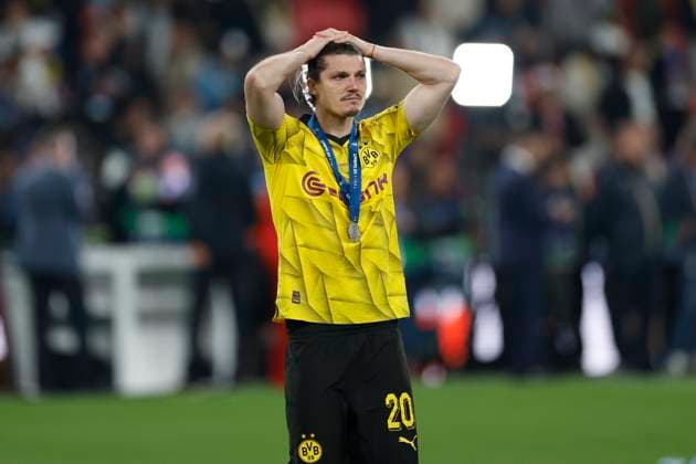 Marcel Sabitzer BVB, 20 , disappointed after the match, BVB loses 0 2 against Real, GB, London, Wembley Stadium, Champions League Final, BVB Dortmund vs Real Madrid, 2023 2024 season, 01 06 2024, Copyright: HMBxMedia HeikoxBecker