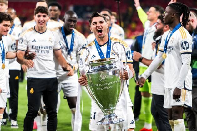 240601 Brahim Diaz of Real Madrid celebrates after the UEFA Champions League final between Dortmund and Real Madrid on June 1, 2024 in London Photo Petter Arvidson BILDBYRAN kod PA PA0818 fotboll football soccer fotball champions league final dortmund real madrid bbeng jubel  Copyright: PETTERxARVIDSON BB240601PA238