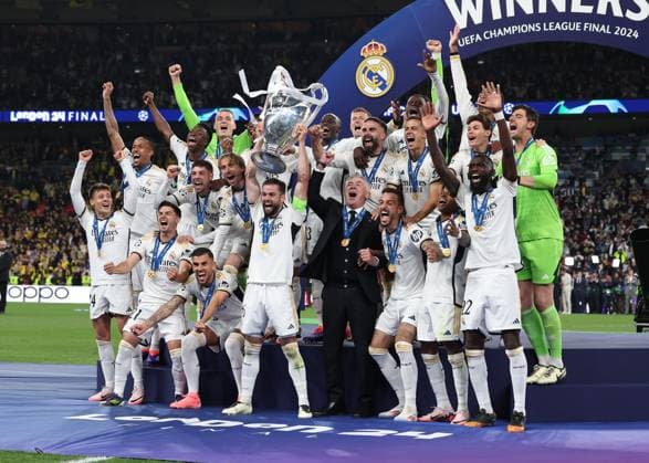 London, England, 1st June 2024. Real Madrid lift the Champions League Trophy during the UEFA Champions League final match at Wembley Stadium, London. Picture credit should read: David Klein Sportimage EDITORIAL USE ONLY. No use with unauthorised audio, video, data, fixture lists, club league logos or live services. Online in-match use limited to 120 images, no video emulation. No use in betting, games or single club league player publications. SPI-3169-0127