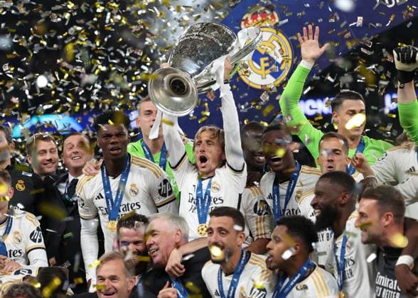 London, England, 1st June 2024. Luka Modric of Real Madrid lifts the Champions League Trophy during the UEFA Champions League final match at Wembley Stadium, London. Picture credit should read: David Klein Sportimage EDITORIAL USE ONLY. No use with unauthorised audio, video, data, fixture lists, club league logos or live services. Online in-match use limited to 120 images, no video emulation. No use in betting, games or single club league player publications. SPI-3169-0132