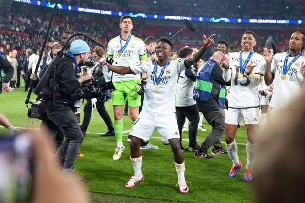 Borussia Dortmund v Real Madrid Real Madrid forward Vinicius Junior (7) celebrates winning during the Borussia Dortmund v Real Madrid UEFA Champions League Final at Wembley Stadium, London, England, United Kingdom on 1 June 2024 Editorial use only. All images are copyright Every Second Media Limited. No images may be reproduced without prior permission. Copyright: xIMAGO EveryxSecondxMediax ESM-1027-0183