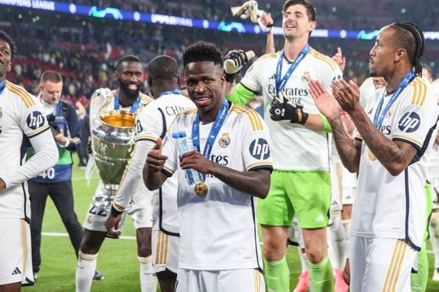 Borussia Dortmund v Real Madrid Real Madrid forward Vinicius Junior (7) celebrates winning during the Borussia Dortmund v Real Madrid UEFA Champions League Final at Wembley Stadium, London, England, United Kingdom on 1 June 2024 Editorial use only. All images are copyright Every Second Media Limited. No images may be reproduced without prior permission. Copyright: xIMAGO EveryxSecondxMediax ESM-1027-0184