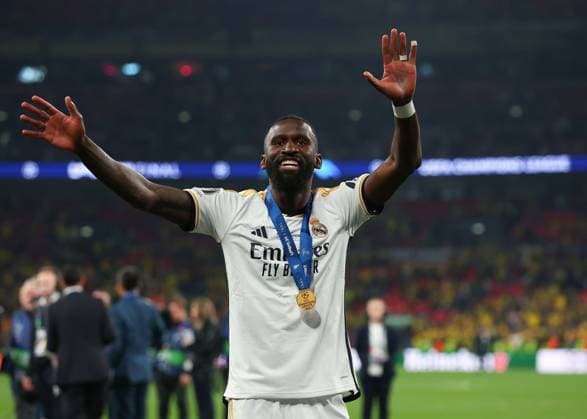 1st June 2024; Wembley Stadium, London, England; UEFA Champions League Football Final, Borussia Dortmund versus Real Madrid; Antonio Rudiger of Real Madrid dancing in front of the Real Madrid fans with the winners medal  ActionPlus12649889 JohnxPatrickxFletcher