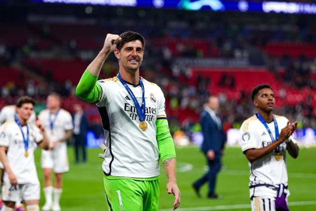 Borussia Dortmund v Real Madrid Champions League 01 06 2024. Final Thibaut Courtois (1) of Real Madrid celebrates at full time during the Champions League Final match between Borussia Dortmund and Real Madrid at Wembley Stadium, London, England on 1 June 2024. Editorial use only , Copyright: xNigelxKeenex PSI-19804-0103