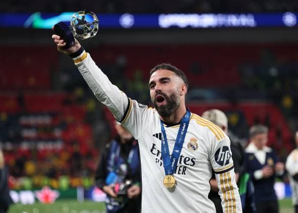 London, England, 1st June 2024. Daniel Carvajal of Real Madrid enjoys the win during the UEFA Champions League final match at Wembley Stadium, London. Picture credit should read: David Klein Sportimage EDITORIAL USE ONLY. No use with unauthorised audio, video, data, fixture lists, club league logos or live services. Online in-match use limited to 120 images, no video emulation. No use in betting, games or single club league player publications. SPI-3169-0146
