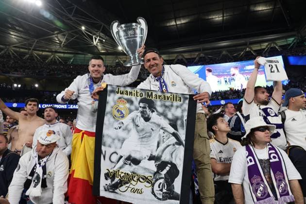 LONDON, UNITED KINGDOM - JUNE 01: Real Madrid supporters are celebrating winning the UEFA Champions League final soccer match against Borussia Dortmund at Wembley stadium, in London, United Kingdom on June 1, 2024. UEFA Champions League Final - Borussia Dortmund v Real Madrid