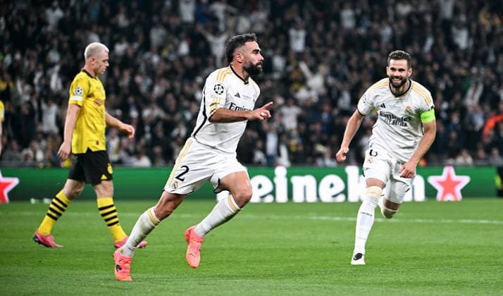 Football, Champions League Final, Season 2023 2024, Wembley Stadium London Bor Dortmund Real Madrid Cheering Daniel Carvajal RMA after his goal for 0 1 Cheering, joy, action UEFA REGULATIONS PROHIBIT ANY USE OF PHOTOGRAPHS AS IMAGE SEQUENCES AND OR QUASI VIDEO