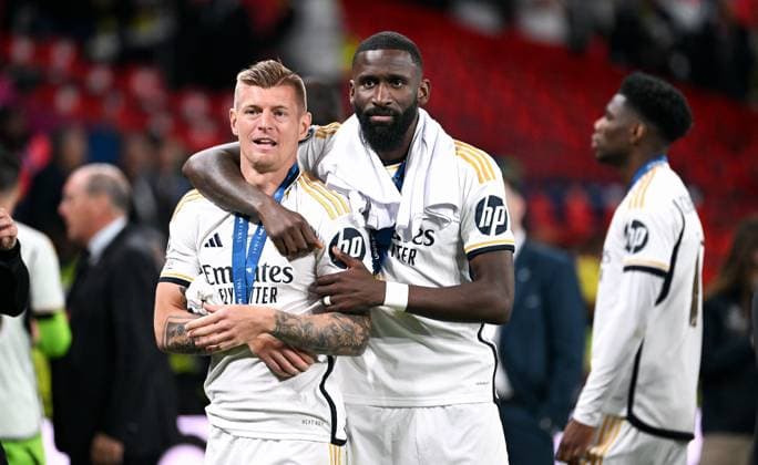Football, Champions League Final, Season 2023 2024, Wembley Stadium London Bor Dortmund Real Madrid 0 2 Toni Kroos RMA and Antonio Rüdiger RMA after the end of the match Cheers, joy, action UEFA REGULATIONS PROHIBIT ANY USE OF PHOTOGRAPHS AS IMAGE SEQUENCES AND OR QUASI VIDEO